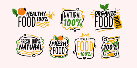 Poster - Isolated image on a background. Vector graphics. Healthy food illustration. A set of different labels for food.