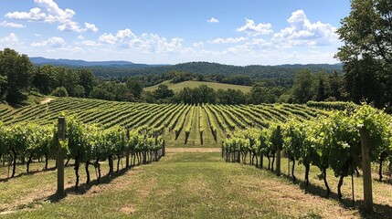 Poster - Vineyard Rows Stretch Towards Distant Mountains Under Blue Sky