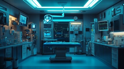 Poster - Sterile hospital surgical room equipped with heart monitors anesthesia machines and medicine vials featuring sterilized tools like forceps and scalpels on a tray