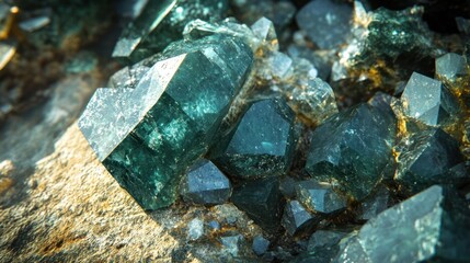 Poster - Green gemstone cluster displays multifaceted crystal formations