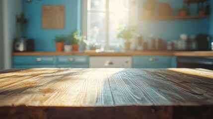Poster - Warm sunlight fills the kitchen space, highlighting the textures of a rustic wooden table. Potted plants and kitchenware create a cozy atmosphere, inviting culinary creativity