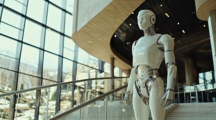 Poster - A sleek humanoid robot poses in a contemporary building with expansive glass walls, highlighting advanced technology and design. Its metallic body reflects the light, symbolizing the future