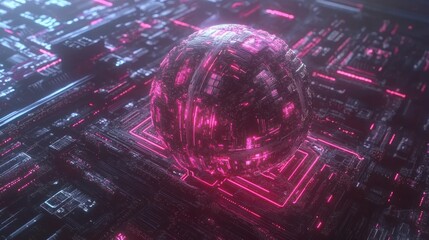 Poster - Glowing Sphere on a Futuristic Circuit Board