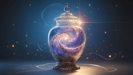 Poster - unique decorative jar with swirling galaxy design illuminated against dark background