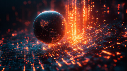 Poster - Digital Globe Futuristic Technology Network Orange Glow Abstract Background 3D Art Data Dark Lines  
