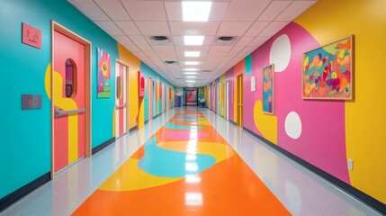 Fototapete - Vibrant pediatric clinic hallway with colorful murals and signs leading to brightly decorated treatment rooms creating a welcoming and playful environment for young patients