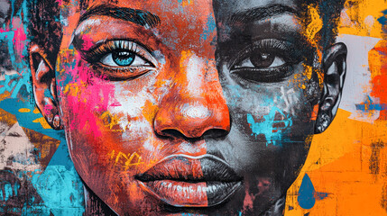 Urban collage of vibrant African woman faces showcasing graffiti artistry and social themes in an abstract street art background