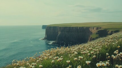 Canvas Print - Coastal Cliffs Adorned With Wildflowers Blooming Abundantly