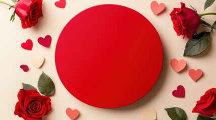 Leinwandbilder - A vibrant red circular platform surrounded by roses and paper hearts on a soft beige gradient for Valentine's Day.