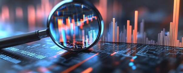 Poster - Magnifying glass analyzing glowing stock market charts and data
