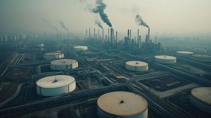 Poster - Aerial View of an Industrial Refinery Complex with Smoke Stacks
