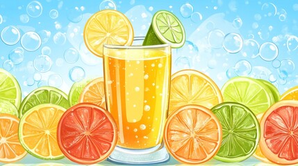 Poster - Refreshing Citrus Drink with Slices of Lemon Lime and Grapefruit
