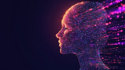 Poster - Luminous Digital Head Profile Emerging From Light Streams