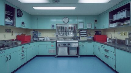 Poster - Wellorganized surgical preparation room with sterilized surgical instruments treatment tools and medicine cabinets filled with essential surgical supplies