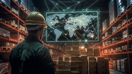 Worker in a warehouse with global network overview.