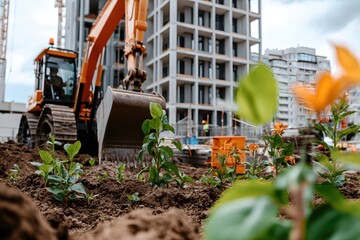 Excavator Digging Near New Building Construction Site With Young Plants