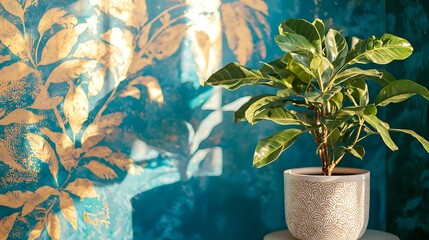 Wall Mural - Sunlit indoor plant in pot, teal wall background, home decor