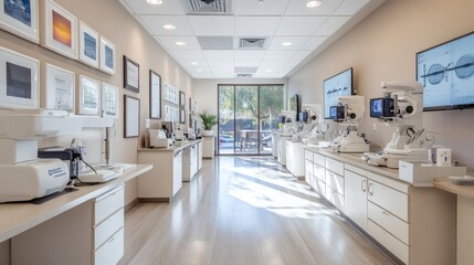 Poster - Advanced eye care clinic with clean organized workspaces featuring various ophthalmic tools digital imaging machines and a range of medicines and medical instruments for eye treatments