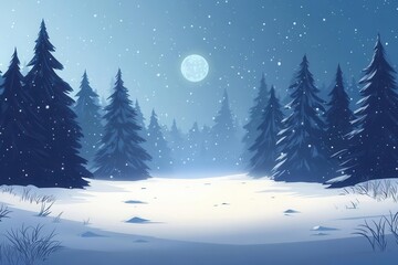 Wall Mural - a serene winter wonderland at twilight, pristine snow-covered forest with tall evergreens, moonlight casting blue shadows, mist rising between trees, crystalline snowflakes sparkling