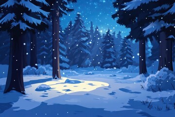 Wall Mural - a serene winter wonderland at twilight, pristine snow-covered forest with tall evergreens, moonlight casting blue shadows, mist rising between trees, crystalline snowflakes sparkling