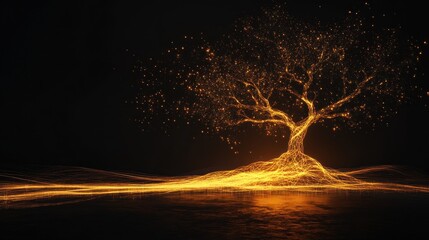 Poster - Golden Light Tree Illuminated Against Dark Background
