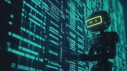 Aufkleber - Retro Robot Interacting With Digital Code Interface