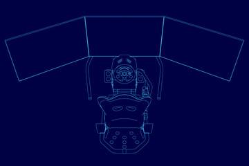 Poster - A blue computer monitor with a steering wheel and a blue chair. The chair is positioned in front of the monitor. Game simulator outline