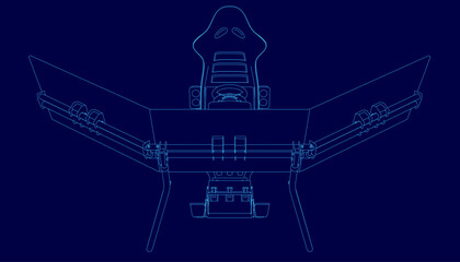 Poster - A blue computer monitor with a steering wheel and a blue chair. The chair is positioned in front of the monitor. Game simulator outline