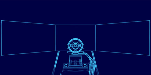 Poster - A blue image of a car simulator with a steering wheel. The image is of a video game, and the car is in a virtual environment