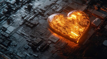 Poster - Glowing Circuit Heart on Technology Motherboard