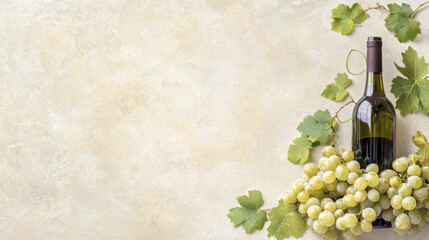 bottle of wine surrounded by fresh green grapes and leaves on textured background