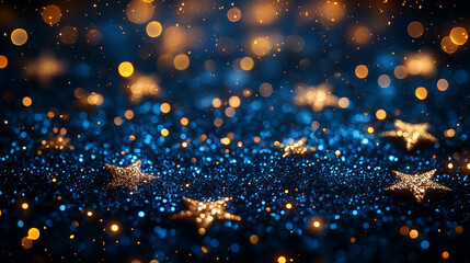 Poster - Sparkling Blue Glitter Background with Golden Stars Festive Elegant Design Perfect for Holiday Cards