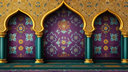 Wall Mural - Ornate Golden Arches and Teal Pillars with Purple Floral Wall