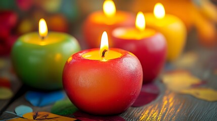 Wall Mural - Beeswax apples candles in a isolated colorful backdrop