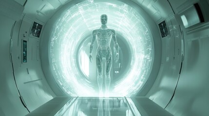Poster - Wireframe Humanoid Emerging From Futuristic Portal