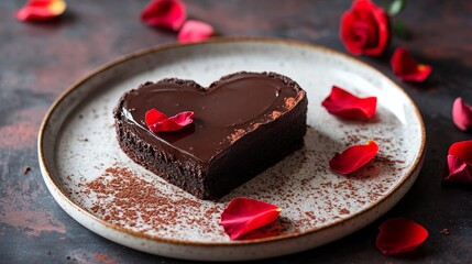 Wall Mural - A heart-shaped gluten-free chocolate tart with glossy ganache, served on a romantic-themed plate with rose petals scattered around