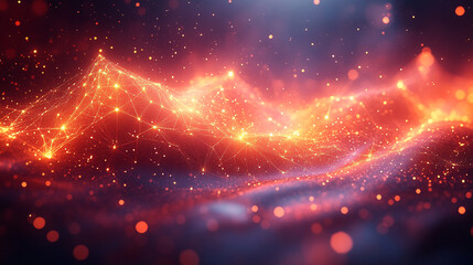 Fototapete - Abstract Red Orange Glowing Network Digital Art Background Design Futuristic Technology Wave Lines  