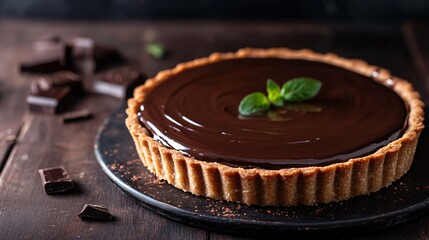 Wall Mural - A rich gluten-free chocolate tart with a smooth ganache topping, elegantly placed on a dark wooden surface with soft lighting