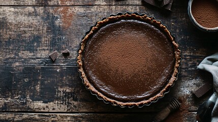 Wall Mural - A rustic gluten-free chocolate tart with a crisp almond flour crust, set on a vintage wooden table with a dusting of cocoa powder