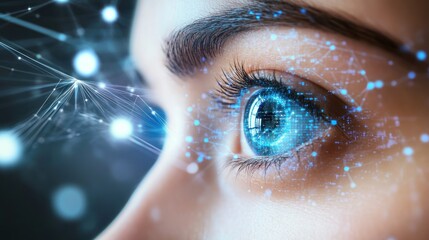 Woman's eye, digital network overlay, dark background, future tech concept
