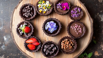 Wall Mural - Mini gluten-free chocolate tarts individually plated with unique toppings, arranged in a circular formation on a wooden platter