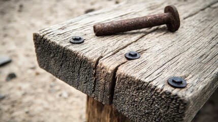 Poster - Rusty bolt rests on weathered wooden bench