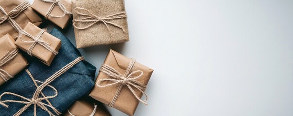 Poster - Many eco friendly presents lying on white table creating copy space