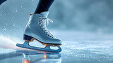 Ice skating shoe poised for action on a reflective surface against a frosty backdrop.
