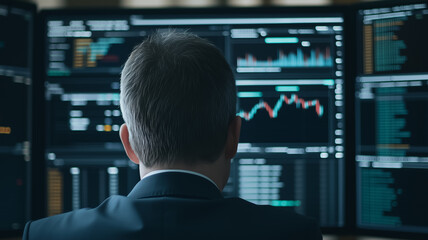 Poster - Man reviewing data on multiple monitors. 