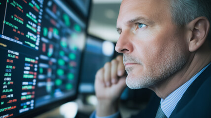 Poster - a businessman looking intently at computer screens.