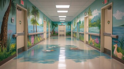 Poster - Pediatric clinic hallway lined natureinspired murals leading to examination rooms with soft pastelcolored walls and playful animalthemed decorations