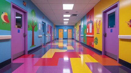 Poster - Pediatric clinic hallway colorful murals of nature and animals leading to childfriendly treatment rooms with vibrant playful designs