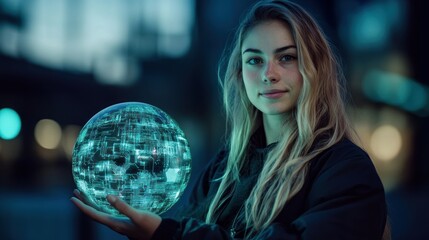 Aufkleber - Young Woman Holding A Futuristic Illuminated Globe
