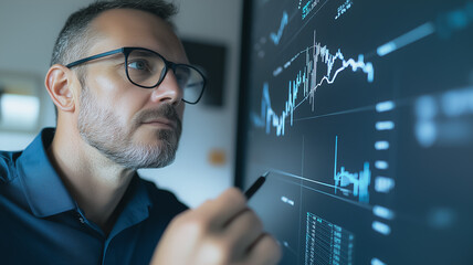 Poster - man analyzing data on a large screen.